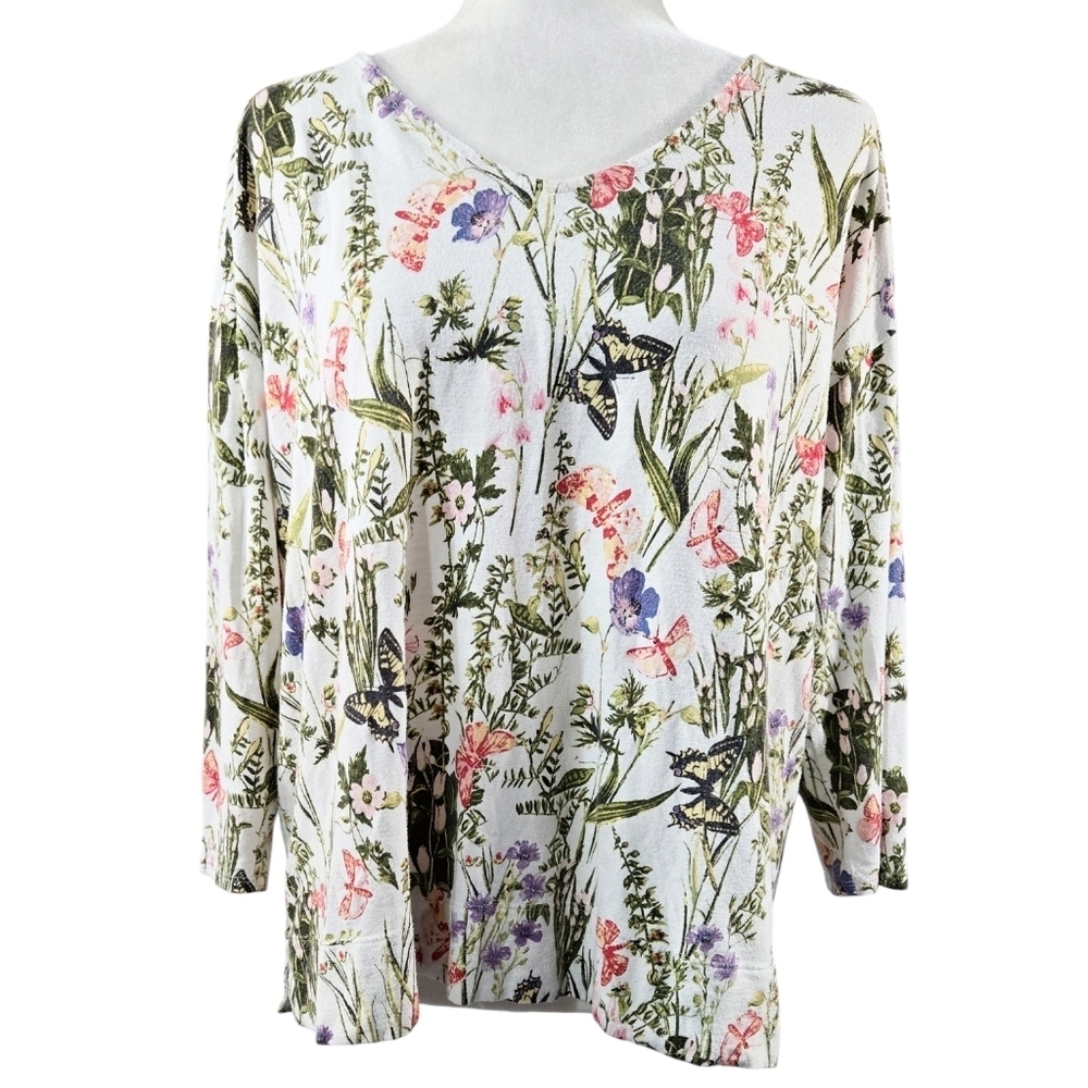 J. Jill White Butterfly Floral Botanical Top Modal Stretch Bloomcore Romantic